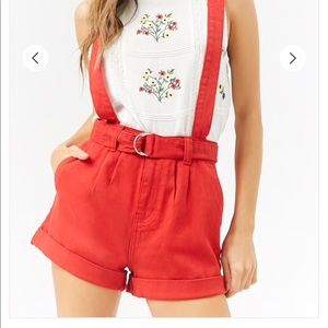 Belted denim overall shorts